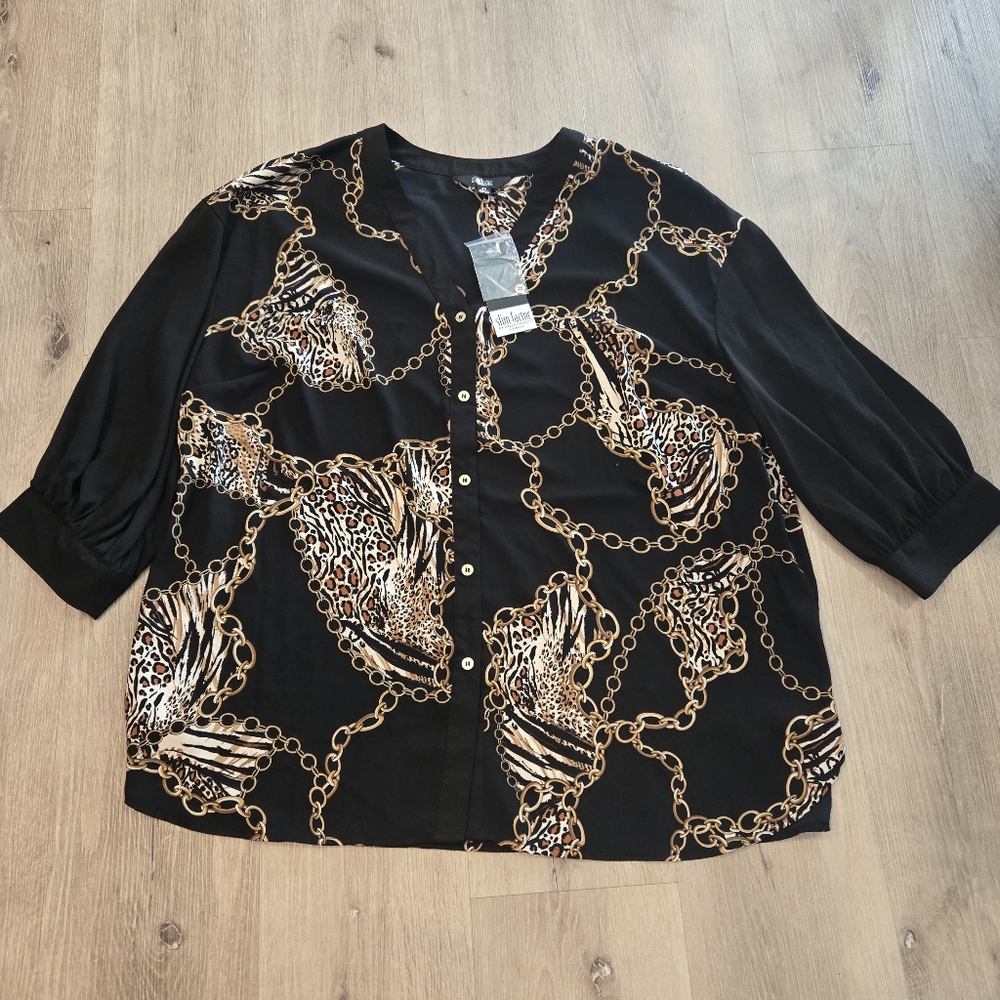 Slim Factor by Investments Woman Black 3/4 Sleeve Chain Print Blouse NWT 2X